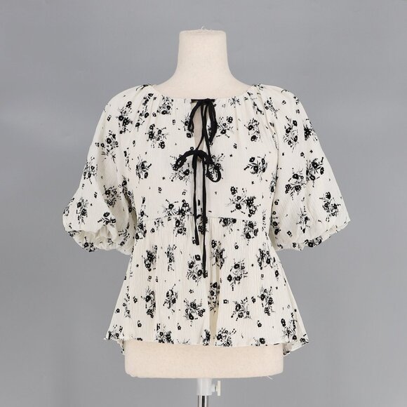 ENGLISH FACTORY Flower Printed Puff Sleeve Tie Front Top Blouse Size S - Picture 3 of 9
